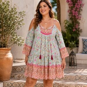 Rusttydustty Boho Floral Cold Shoulder Tunic Top Womens 2XL Blue Pink Viscose